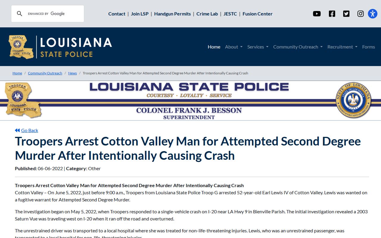 Webster Parish arrest news from the official Cotton Valley State Police release