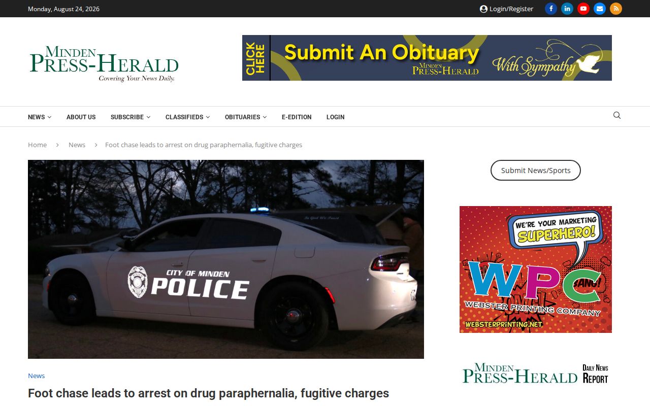 Webster Parish arrest news showing a Minden Police and BDCC booking report